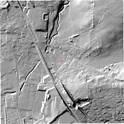 Shaded relief map of the ground around BS305AE, computed from Environment Agency LiDAR. The ground here sits at about 46 m above sea level and falls 34 m across the surrounding 800 m. Surface water reaching this point runs off ground lying to the north-east, 25.0 m higher.