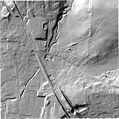 Shaded relief map of the ground around BS305JB, computed from Environment Agency LiDAR. The ground here sits at about 46 m above sea level and falls 35 m across the surrounding 800 m. Surface water reaching this point runs off ground lying to the north-east, 27.2 m higher.