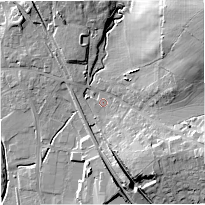 Shaded relief map of the ground around BS305JF, computed from Environment Agency LiDAR. The ground here sits at about 46 m above sea level and falls 35 m across the surrounding 800 m. Surface water reaching this point runs off ground lying to the north-east, 26.4 m higher.