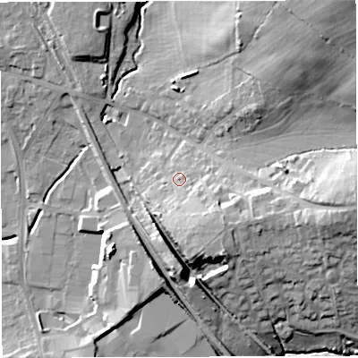 Shaded relief map of the ground around BS305JG, computed from Environment Agency LiDAR. The ground here sits at about 50 m above sea level and falls 33 m across the surrounding 800 m. Surface water reaching this point runs off ground lying to the south-east, 8.2 m higher.