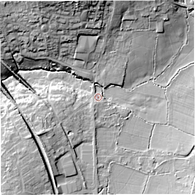 Shaded relief map of the ground around BS305JP, computed from Environment Agency LiDAR. The ground here sits at about 45 m above sea level and falls 25 m across the surrounding 800 m. Surface water reaching this point runs off ground lying to the west-south-west, 9.5 m higher.