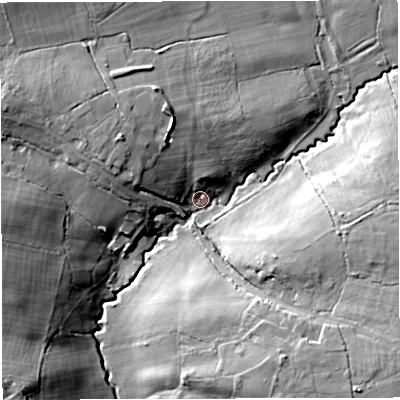 Shaded relief map of the ground around BS305LU, computed from Environment Agency LiDAR. The ground here sits at about 54 m above sea level and falls 23 m across the surrounding 800 m. Surface water reaching this point runs off ground lying to the south-east, 18.5 m higher.