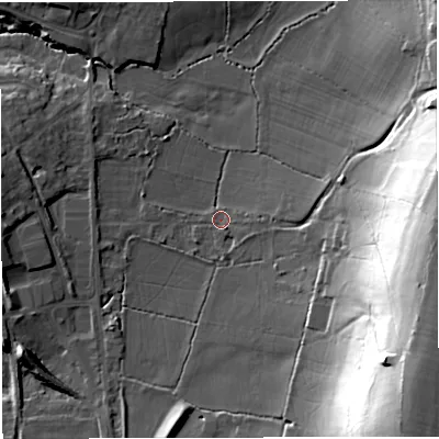 Shaded relief map of the ground around BS305NH, computed from Environment Agency LiDAR. The ground here sits at about 45 m above sea level and falls 46 m across the surrounding 800 m. Surface water reaching this point runs off ground lying to the east, 2.9 m higher.