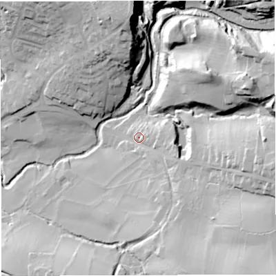 Shaded relief map of the ground around BS305QJ, computed from Environment Agency LiDAR. The ground here sits at about 54 m above sea level and falls 42 m across the surrounding 800 m. Surface water reaching this point runs off ground lying to the south-east, 30.0 m higher.