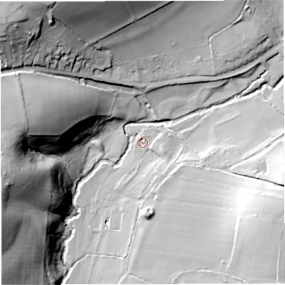 Shaded relief map of the ground around BS305RA, computed from Environment Agency LiDAR. The ground here sits at about 38 m above sea level and falls 55 m across the surrounding 800 m. Surface water reaching this point runs off ground lying to the east-south-east, 28.0 m higher.