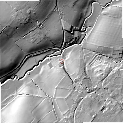 Shaded relief map of the ground around BS305TG, computed from Environment Agency LiDAR. The ground here sits at about 73 m above sea level and falls 28 m across the surrounding 800 m. Surface water reaching this point runs off ground lying to the south-south-east, 12.7 m higher.