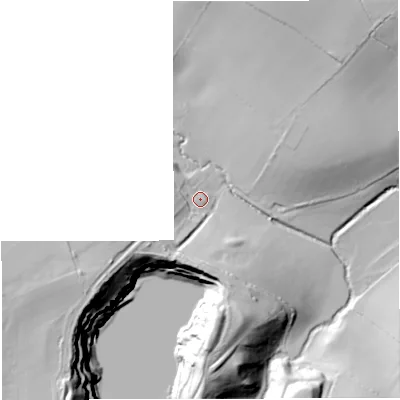Shaded relief map of the ground around BS305TL, computed from Environment Agency LiDAR. The ground here sits at about 74 m above sea level and falls 43 m across the surrounding 800 m. Surface water reaching this point runs off ground lying to the south-west, 23.7 m higher.