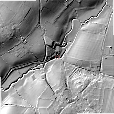 Shaded relief map of the ground around BS305TQ, computed from Environment Agency LiDAR. The ground here sits at about 73 m above sea level and falls 30 m across the surrounding 800 m. Surface water reaching this point runs off ground lying to the north-north-west, 25.5 m higher.