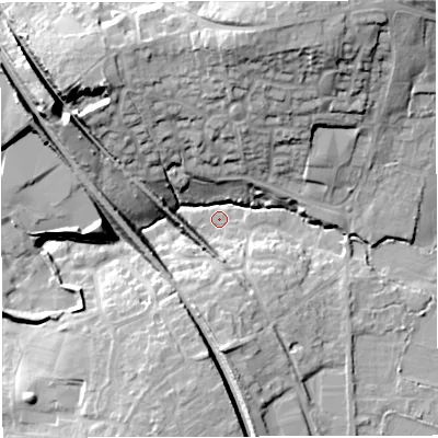 Shaded relief map of the ground around BS305XR, computed from Environment Agency LiDAR. The ground here sits at about 41 m above sea level and falls 27 m across the surrounding 800 m. Surface water reaching this point runs off ground lying to the north-west, 21.2 m higher.