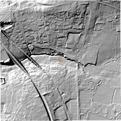 Shaded relief map of the ground around BS305XS, computed from Environment Agency LiDAR. The ground here sits at about 42 m above sea level and falls 26 m across the surrounding 800 m. Surface water reaching this point runs off ground lying to the south-south-west, 11.3 m higher.