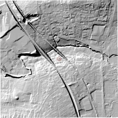 Shaded relief map of the ground around BS305XW, computed from Environment Agency LiDAR. The ground here sits at about 44 m above sea level and falls 27 m across the surrounding 800 m. Surface water reaching this point runs off ground lying to the south-south-east, 11.2 m higher.