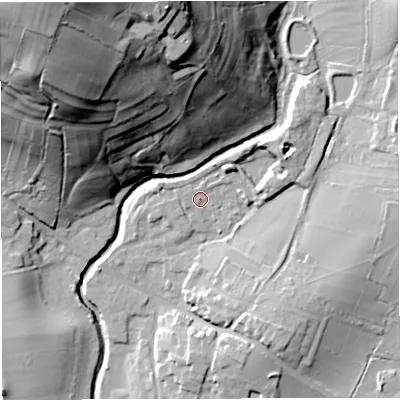 Shaded relief map of the ground around BS306AA, computed from Environment Agency LiDAR. The ground here sits at about 18 m above sea level and falls 66 m across the surrounding 800 m. Surface water reaching this point runs off ground lying to the north-north-east, 1.5 m higher.
