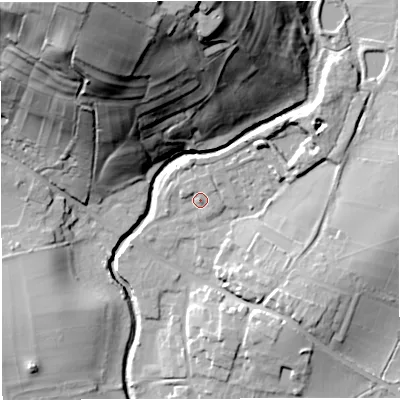 Shaded relief map of the ground around BS306AD, computed from Environment Agency LiDAR. The ground here sits at about 17 m above sea level and falls 64 m across the surrounding 800 m. Surface water reaching this point runs off ground lying to the north-north-east, 2.4 m higher.