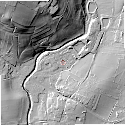 Shaded relief map of the ground around BS306AE, computed from Environment Agency LiDAR. The ground here sits at about 18 m above sea level and falls 65 m across the surrounding 800 m. Surface water reaching this point runs off ground lying to the north-east, 7.0 m higher.