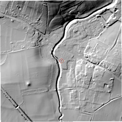 Shaded relief map of the ground around BS306AT, computed from Environment Agency LiDAR. The ground here sits at about 15 m above sea level and falls 40 m across the surrounding 800 m. Surface water reaching this point runs off ground lying to the north, 39.4 m higher.
