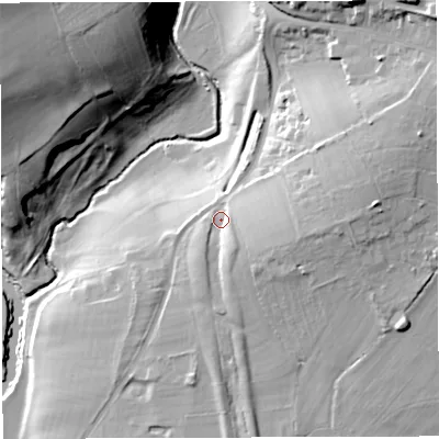 Shaded relief map of the ground around BS306EH, computed from Environment Agency LiDAR. The ground here sits at about 23 m above sea level and falls 46 m across the surrounding 800 m. Surface water reaching this point runs off ground lying to the east-south-east, 8.6 m higher.