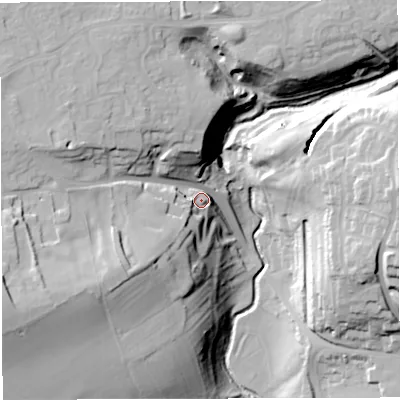 Shaded relief map of the ground around BS306EX, computed from Environment Agency LiDAR. The ground here sits at about 31 m above sea level and falls 51 m across the surrounding 800 m. Surface water reaching this point runs off ground lying to the west-south-west, 36.3 m higher.