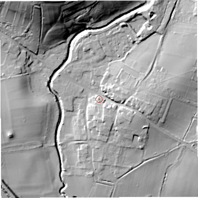 Shaded relief map of the ground around BS306HG, computed from Environment Agency LiDAR. The ground here sits at about 18 m above sea level and falls 38 m across the surrounding 800 m. Surface water reaching this point runs off ground lying to the east, 11.8 m higher.