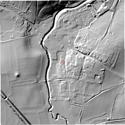 Shaded relief map of the ground around BS306HH, computed from Environment Agency LiDAR. The ground here sits at about 16 m above sea level and falls 27 m across the surrounding 800 m. Surface water reaching this point runs off ground lying to the east, 7.3 m higher.