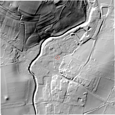 Shaded relief map of the ground around BS306HJ, computed from Environment Agency LiDAR. The ground here sits at about 16 m above sea level and falls 59 m across the surrounding 800 m. Surface water reaching this point runs off ground lying to the south-east, 11.3 m higher.