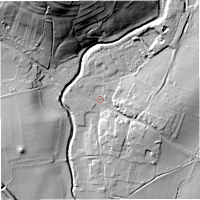 Shaded relief map of the ground around BS306HQ, computed from Environment Agency LiDAR. The ground here sits at about 15 m above sea level and falls 51 m across the surrounding 800 m. Surface water reaching this point runs off ground lying to the east, 10.3 m higher.