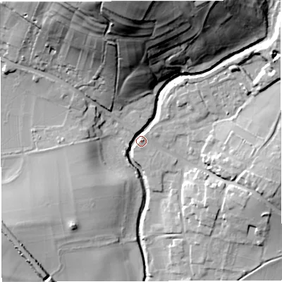 Shaded relief map of the ground around BS306HS, computed from Environment Agency LiDAR. The ground here sits at about 16 m above sea level and falls 57 m across the surrounding 800 m. Surface water reaching this point runs off ground lying to the north-north-west, 54.9 m higher.