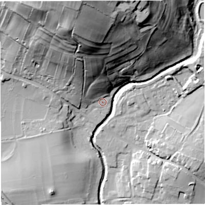 Shaded relief map of the ground around BS306HY, computed from Environment Agency LiDAR. The ground here sits at about 15 m above sea level and falls 65 m across the surrounding 800 m. Surface water reaching this point runs off ground lying to the north-north-west, 59.7 m higher.