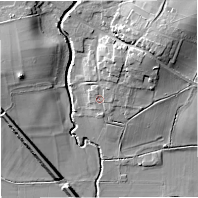 Shaded relief map of the ground around BS306LJ, computed from Environment Agency LiDAR. The ground here sits at about 16 m above sea level and falls 18 m across the surrounding 800 m. Surface water reaching this point runs off ground lying to the north-north-east, 5.4 m higher.