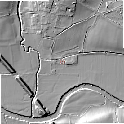 Shaded relief map of the ground around BS306LL, computed from Environment Agency LiDAR. The ground here sits at about 12 m above sea level and falls 16 m across the surrounding 800 m. Surface water reaching this point runs off ground lying to the south-east, 2.3 m higher.