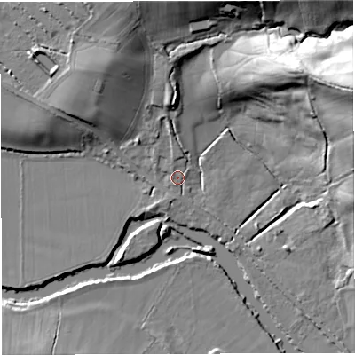Shaded relief map of the ground around BS306LN, computed from Environment Agency LiDAR. The ground here sits at about 13 m above sea level and falls 42 m across the surrounding 800 m. Surface water reaching this point runs off ground lying to the north, 2.5 m higher.