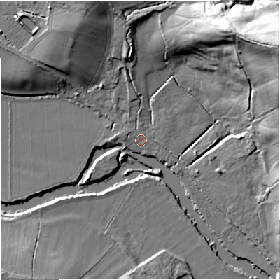 Shaded relief map of the ground around BS306LW, computed from Environment Agency LiDAR. The ground here sits at about 13 m above sea level and falls 44 m across the surrounding 800 m. Surface water reaching this point runs off ground lying to the north, 3.1 m higher.