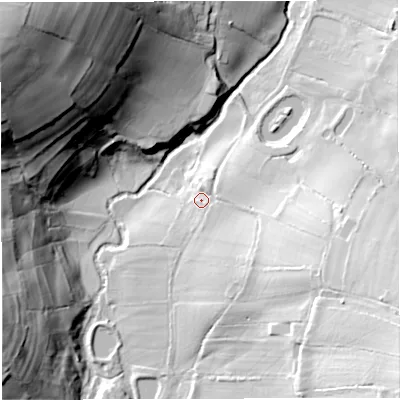 Shaded relief map of the ground around BS306NY, computed from Environment Agency LiDAR. The ground here sits at about 26 m above sea level and falls 72 m across the surrounding 800 m. Surface water reaching this point runs off ground lying to the east-south-east, 30.2 m higher.