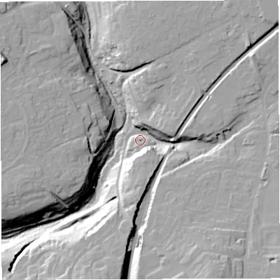 Shaded relief map of the ground around BS306PJ, computed from Environment Agency LiDAR. The ground here sits at about 30 m above sea level and falls 37 m across the surrounding 800 m. Surface water reaching this point runs off ground lying to the south-south-east, 28.7 m higher.