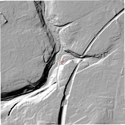 Shaded relief map of the ground around BS306PL, computed from Environment Agency LiDAR. The ground here sits at about 29 m above sea level and falls 38 m across the surrounding 800 m. Surface water reaching this point runs off ground lying to the south-south-east, 18.5 m higher.