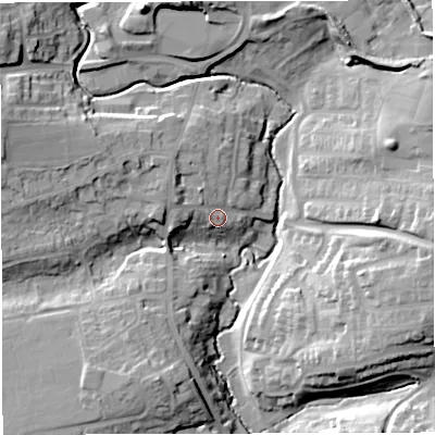 Shaded relief map of the ground around BS308BN, computed from Environment Agency LiDAR. The ground here sits at about 37 m above sea level and falls 20 m across the surrounding 800 m. Surface water reaching this point runs off ground lying to the west-north-west, 4.0 m higher.
