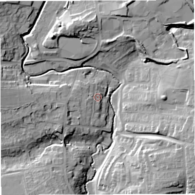 Shaded relief map of the ground around BS308BQ, computed from Environment Agency LiDAR. The ground here sits at about 37 m above sea level and falls 21 m across the surrounding 800 m. Surface water reaching this point runs off ground lying to the west, 2.8 m higher.
