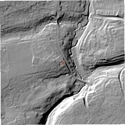 Shaded relief map of the ground around BS308BT, computed from Environment Agency LiDAR. The ground here sits at about 42 m above sea level and falls 22 m across the surrounding 800 m. Surface water reaching this point runs off ground lying to the west-north-west, 5.7 m higher.