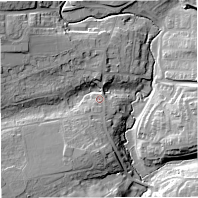 Shaded relief map of the ground around BS308BW, computed from Environment Agency LiDAR. The ground here sits at about 37 m above sea level and falls 22 m across the surrounding 800 m. Surface water reaching this point runs off ground lying to the north-west, 15.7 m higher.