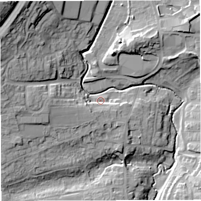 Shaded relief map of the ground around BS308FP, computed from Environment Agency LiDAR. The ground here sits at about 37 m above sea level and falls 35 m across the surrounding 800 m. Surface water reaching this point runs off ground lying to the south-west, 7.3 m higher.