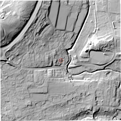 Shaded relief map of the ground around BS308GS, computed from Environment Agency LiDAR. The ground here sits at about 42 m above sea level and falls 42 m across the surrounding 800 m. Surface water reaching this point runs off ground lying to the west-south-west, 5.1 m higher.
