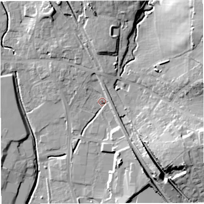 Shaded relief map of the ground around BS308XG, computed from Environment Agency LiDAR. The ground here sits at about 43 m above sea level and falls 32 m across the surrounding 800 m. Surface water reaching this point runs off ground lying to the north, 5.4 m higher.