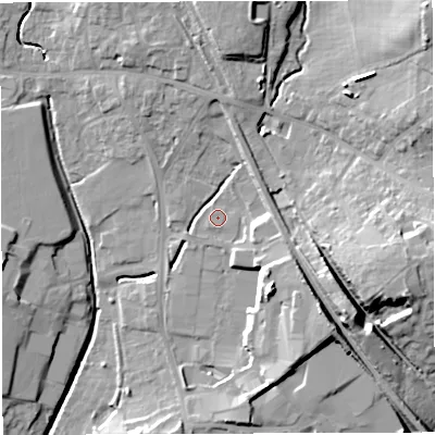 Shaded relief map of the ground around BS308XJ, computed from Environment Agency LiDAR. The ground here sits at about 43 m above sea level and falls 28 m across the surrounding 800 m. Surface water reaching this point runs off ground lying to the east-south-east, 5.0 m higher.