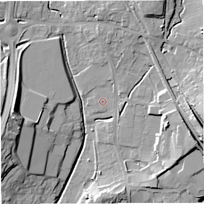 Shaded relief map of the ground around BS308XL, computed from Environment Agency LiDAR. The ground here sits at about 42 m above sea level and falls 22 m across the surrounding 800 m. Surface water reaching this point runs off ground lying to the north-north-east, 13.3 m higher.