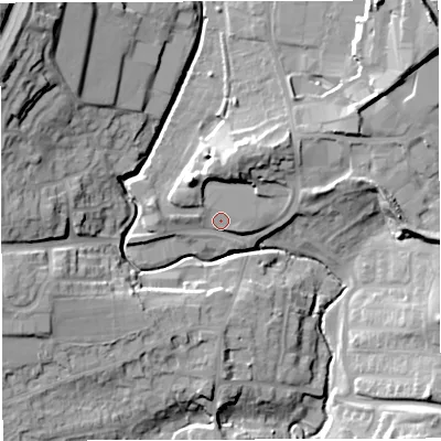 Shaded relief map of the ground around BS308XT, computed from Environment Agency LiDAR. The ground here sits at about 40 m above sea level and falls 31 m across the surrounding 800 m. Surface water reaching this point runs off ground lying to the north-north-east, 10.2 m higher.