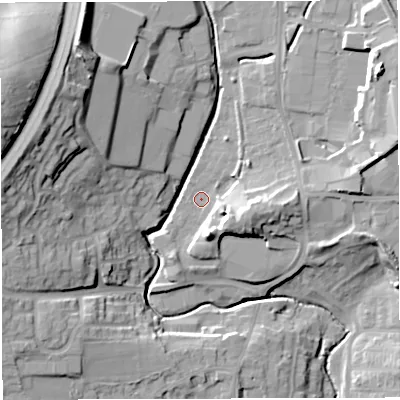Shaded relief map of the ground around BS308XW, computed from Environment Agency LiDAR. The ground here sits at about 39 m above sea level and falls 34 m across the surrounding 800 m. Surface water reaching this point runs off ground lying to the east-south-east, 9.4 m higher.