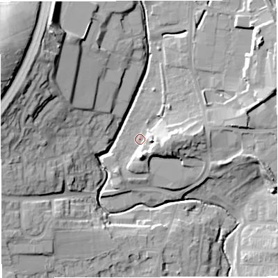 Shaded relief map of the ground around BS308XY, computed from Environment Agency LiDAR. The ground here sits at about 39 m above sea level and falls 34 m across the surrounding 800 m. Surface water reaching this point runs off ground lying to the east, 9.4 m higher.