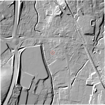Shaded relief map of the ground around BS308YG, computed from Environment Agency LiDAR. The ground here sits at about 42 m above sea level and falls 26 m across the surrounding 800 m. Surface water reaching this point runs off ground lying to the north-east, 4.8 m higher.