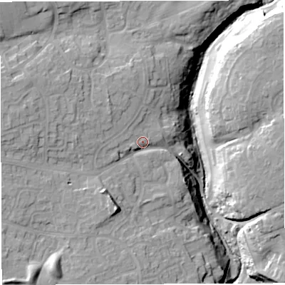 Shaded relief map of the ground around BS309PP, computed from Environment Agency LiDAR. The ground here sits at about 42 m above sea level and falls 26 m across the surrounding 800 m. Surface water reaching this point runs off ground lying to the west-north-west, 9.2 m higher.