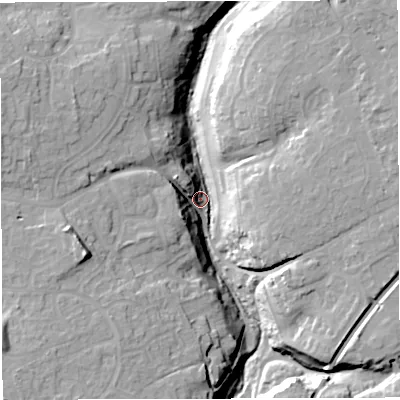 Shaded relief map of the ground around BS309PW, computed from Environment Agency LiDAR. The ground here sits at about 29 m above sea level and falls 26 m across the surrounding 800 m. Surface water reaching this point runs off ground lying to the north-east, 22.1 m higher.