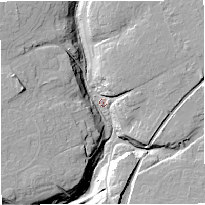 Shaded relief map of the ground around BS309SW, computed from Environment Agency LiDAR. The ground here sits at about 28 m above sea level and falls 28 m across the surrounding 800 m. Surface water reaching this point runs off ground lying to the west, 24.5 m higher.